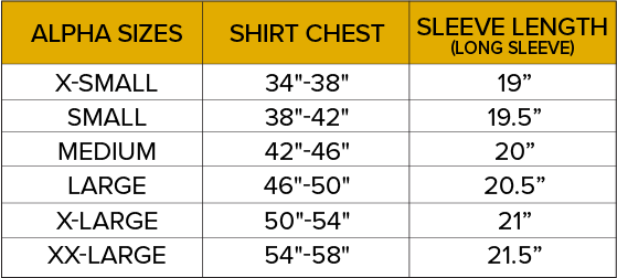 zephyr shirt size chart